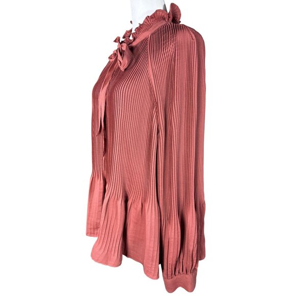 NWOT Treasure & Bond Womens Blouse Size XL Red Rust Pleated Ruffle Neck Tie - Picture 3 of 10